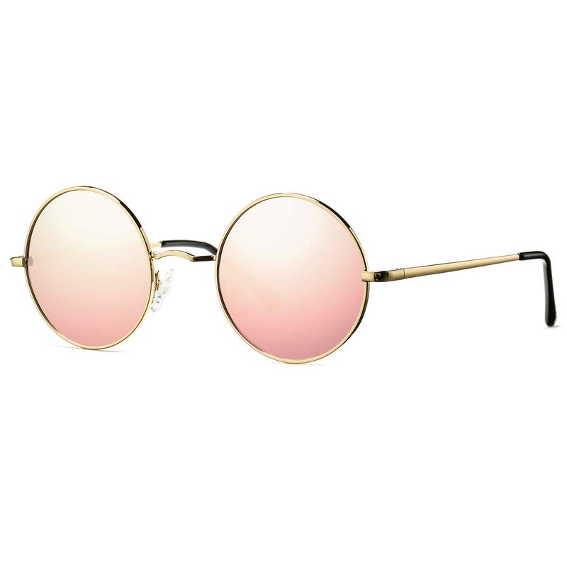 COASION Retro Small Round Polarized Sunglasses for Women Men Circle UV400 Sun Glasses (Gold Frame/Pink Mirror Lens) - Image 2